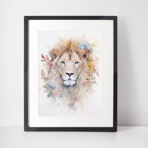Watercolor Lion With Flowers Portrait Wall Art Illustration Print Unframed - Picture 2 of 6